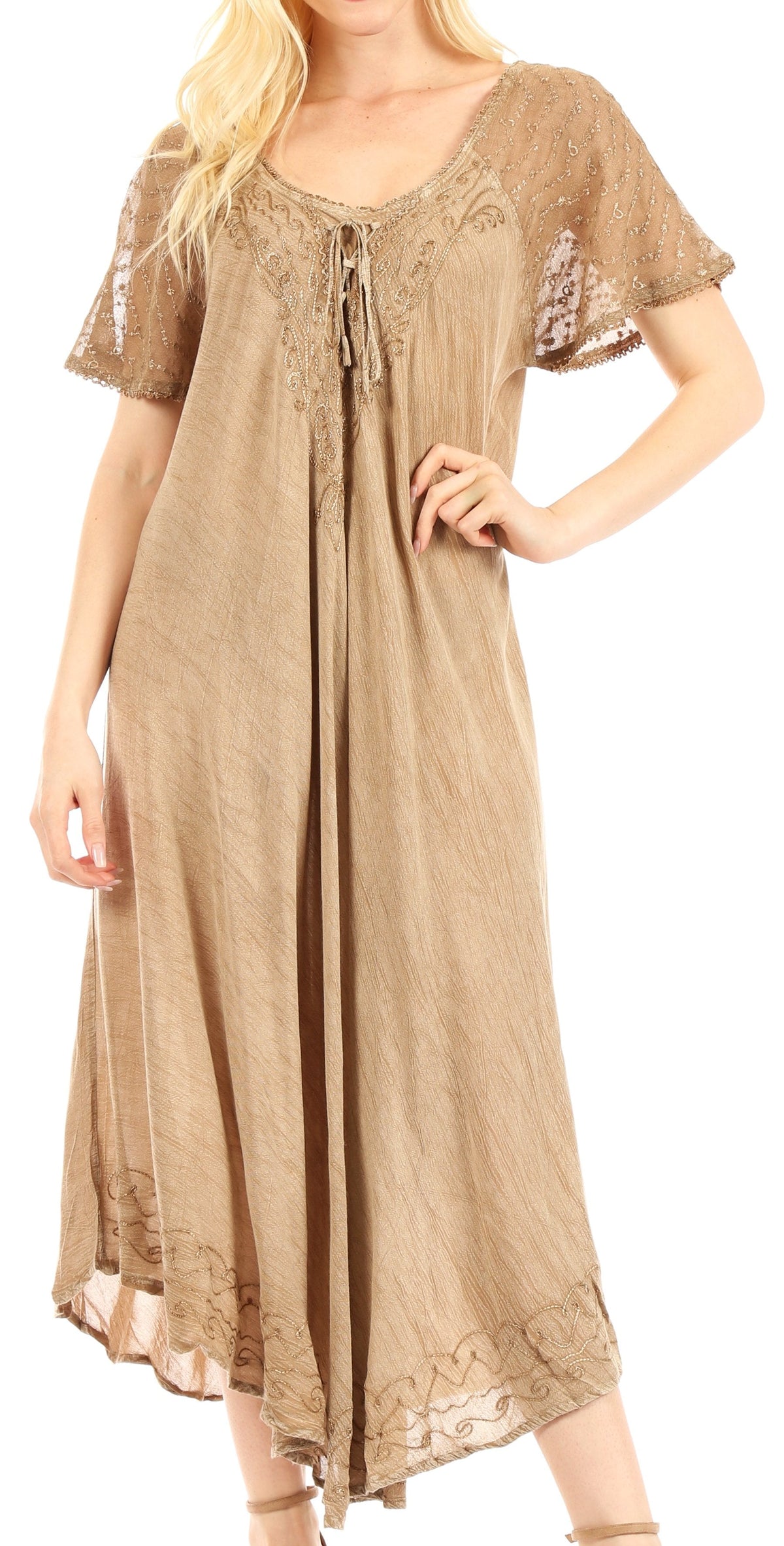 Embroidered beige caftan dress with cap sleeves